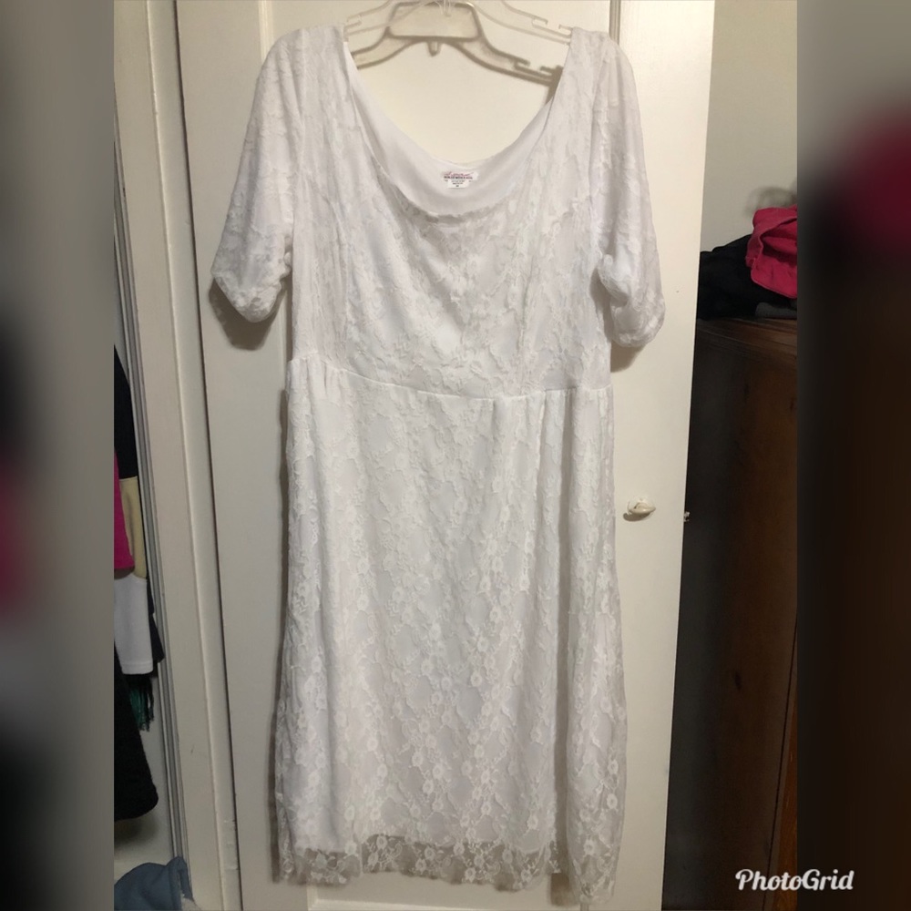 White midi dress with lace overlay